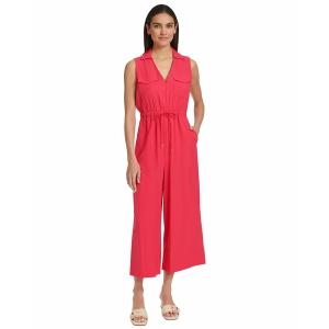 カルバンクライン カジュアルパンツ ボトムス レディース Women's Collared V-Neck Straight-Leg Jumpsuit Lipstick｜asty-shop2