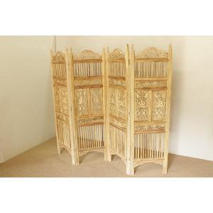 オールドチーク チーク古木 アンティーク 総無垢・折り畳み衝立 透彫四枚折屏風/B