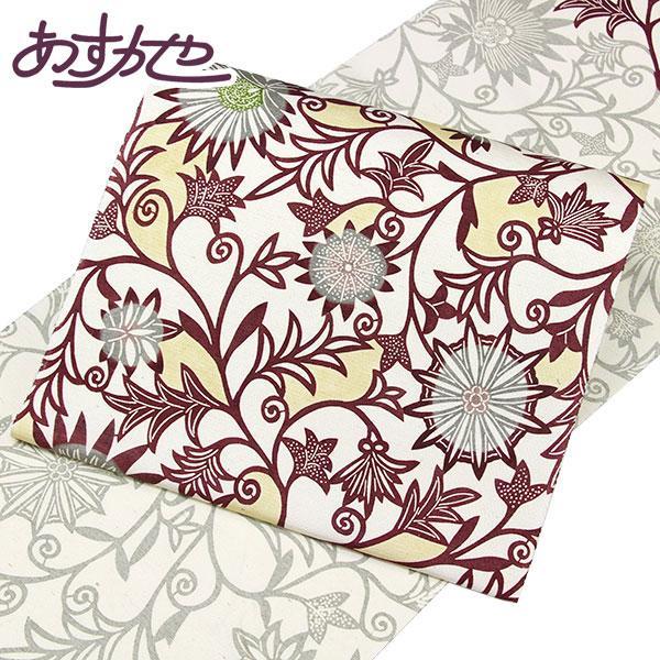 着物 帯 京都 栗山吉三郎 謹製 和染紅型 九寸名古屋帯 浜つむぎ ぜんまい紬使用 唐花つる更紗 あ...