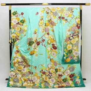着物 振袖 型染め京友禅 金彩加工 蘇州刺繍 ラメ刺繍 桜地紋綸子地 未