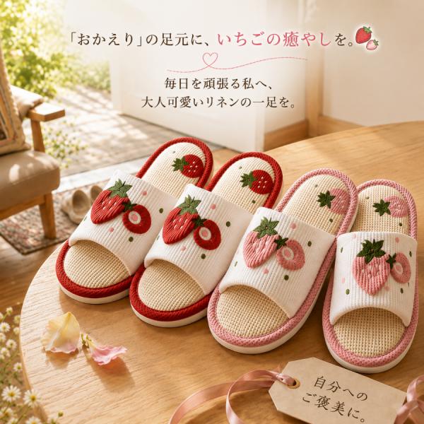 いちご刺繍のリネンスリッパ