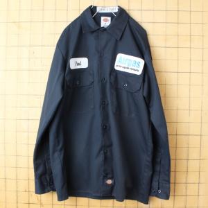 80s 90s USA Dickies ディッキーズ ワッペン ワーク シャツ ネイビー ブルー メンズS 長袖 アメリカ古着｜ataco-garage