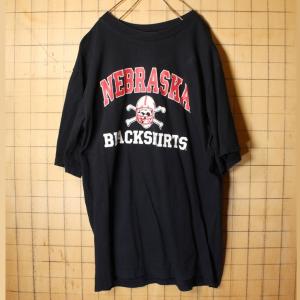 80s 90s USA製 The Cotton Exchange NEBRASKA BLACKSHIRTS プリント Tシャツ ブラック メンズXL スカル ドクロ アメリカ古着｜ataco-garage