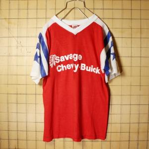 60s 70s USA製 MASON プリント 半袖 Tシャツ レッド ホワイト メンズS相当 レディースM相当 Savage Chevy-Buick アメリカ古着｜ataco-garage