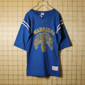 古着 USA製 Moorewear プリント WARRIORS Vネック Tシャツ 半袖 5部袖 ブルー サイズS レディース｜ataco-garage