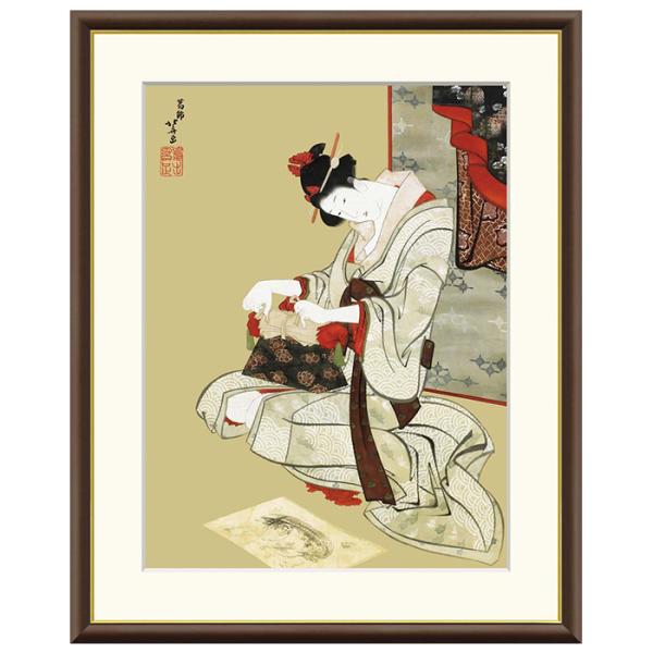 額絵 新年風俗図：朝化粧 葛飾北斎 52x42cm 三幸