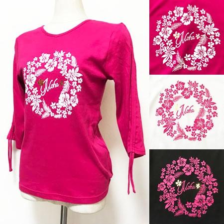 七分袖 フラＴシャツ Ｖネック フラワーリース  ハワイアン フラダンス 7分袖Ｔシャツ ハイビスカ...