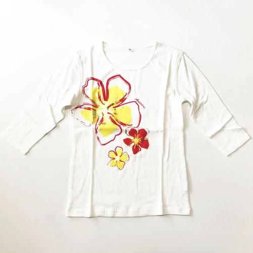 七分袖 フラＴシャツ ハイビスカス プリント オフホワイト M L LL 3L 送料無料 クリックポ...