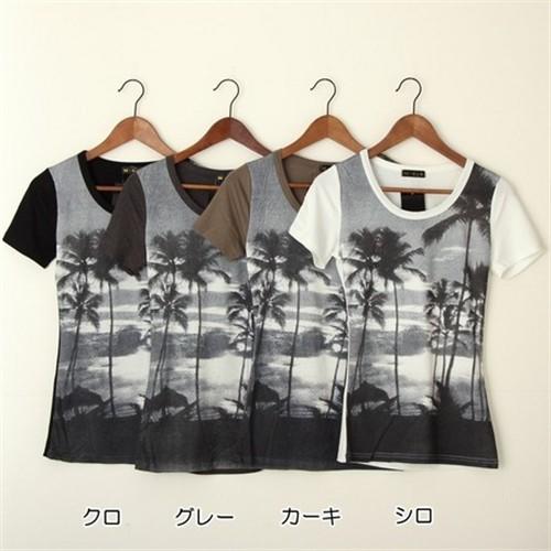 ヤシ柄 サンセットビーチ 半袖フラＴシャツ Mサイズ 〈 クロ シロ カーキ 〉 ハワイアン プリン...