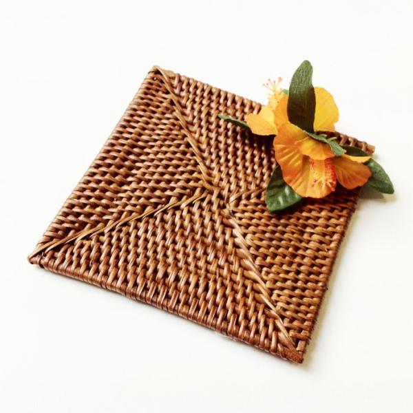 ラタン コースター スクエア ダブル ハイビスカス 〈オレンジ〉 メール便 レターパックライト対応可...