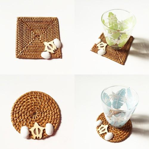 ラタン コースター ホヌ ＆ シェル 〈 ラウンド / スクエア 〉  クリックポスト対応可能 ハワ...