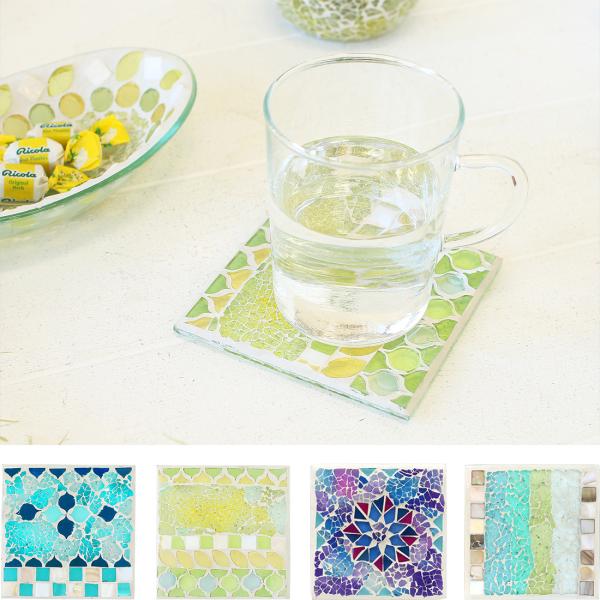 モザイク スクエア コースター 2個組 〈ターコイズ モロッカンイエロー パープル シーグリーン〉パ...