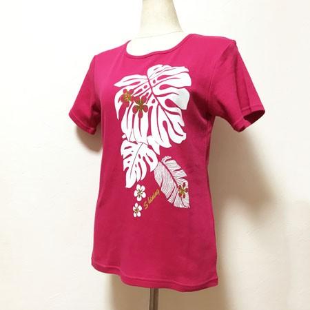 半袖 フラ Ｔシャツ モンステラ プリント チェリー ピンク  M L LL 送料無料 クリックポス...