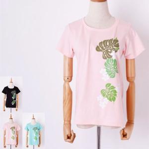 半袖 フラ Ｔシャツ モンステラ＆プルメリア柄〈クロ エメラルドグリーン ベビーピンク〉M L コッ...