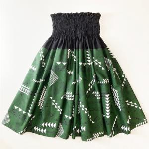 パウスカート ウエスト無地 トライバル タパ柄 〈ブラック＆グリーン〉 ホワイト 送料無料 ハワイア...