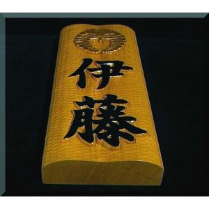表札（木）　CKsg-0ki　家紋＋名字（波状台座）楷書体（文字部墨載せ家紋部金箔貼り）　純手彫り表札　銘木ひがつら材｜atelier-owl｜06