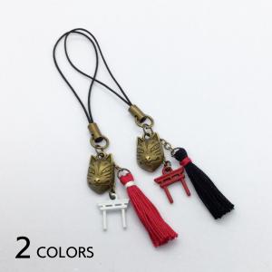狐面と鳥居のストラップ　ハンドメイド アクセサリー キーホルダー 稲荷 神社 根付 着物 スマホアクセサリー タッセル 人気 おすすめ