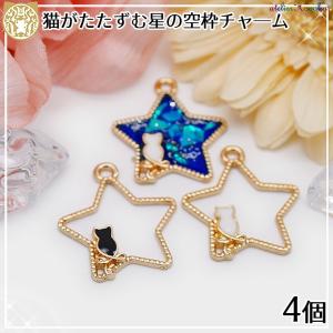 ネコがたたずむ星の空枠チャーム 4個 ブラック ホワイト 猫 ねこ スター