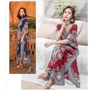 花柄 刺繍風 ペイズリー リゾートワンピース エスニック アジアン ロングワンピ マキシワンピ ボヘミアン 半袖 五分 L 30代 40代 50代