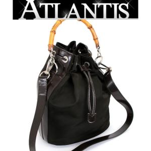 グッチ GUCCI バンブー 巾着2WAYバッグ レザー×ナイロン カーキ×ブラウン｜atlantis