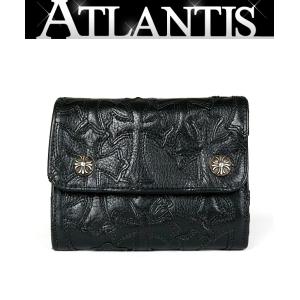 CHROME HEARTS 銀座店 クロムハーツ 美品 ウェーブミニ セメタリークロスパッチ クロスボタン 三つ折財布 メンズ レザー SV925 黒 103404