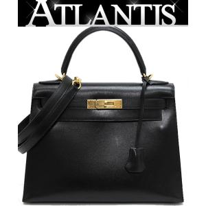 【広尾店】エルメス HERMES ケリー28 2WAYバッグ ボックスカーフ 黒 □D刻印 【13642】｜atlantis