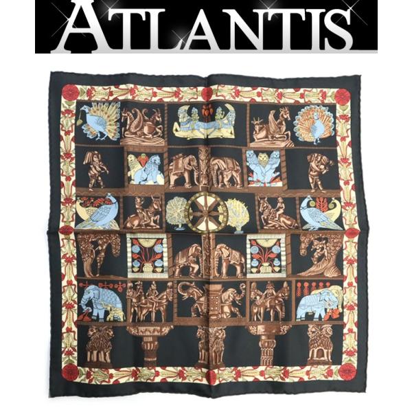 【広尾店】 美品 エルメス HERMES カレ40 TORANA 塔門 スカーフ シルク100％ 黒...