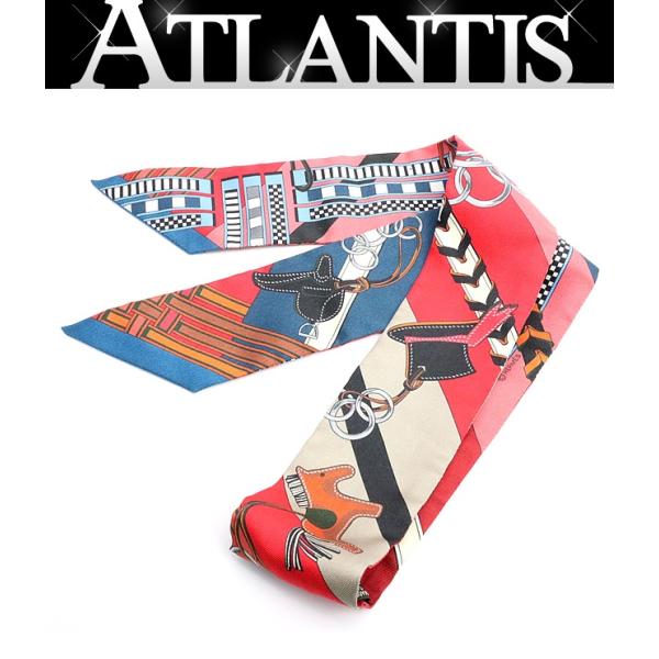 【広尾店】エルメス HERMES ツイリー 馬勒とチャーム スカーフ 赤系 マルチカラー シルク10...