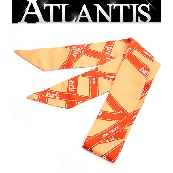 【広尾店】美品 エルメス HERMES ツイリー ボリュデュック柄 スカーフ オレンジ シルク100...