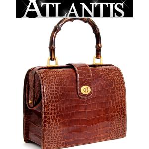 グッチ GUCCI ヴィンテージ バンブー ドクターズバッグ ハンドバッグ クロコダイル ブラウン 【65463】｜atlantis