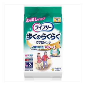 【送料無料】ユニ・チャーム ライフリー 歩くのらくらく うす型パンツ 2回吸収 L 2枚入 お試しパック 1個｜atlife