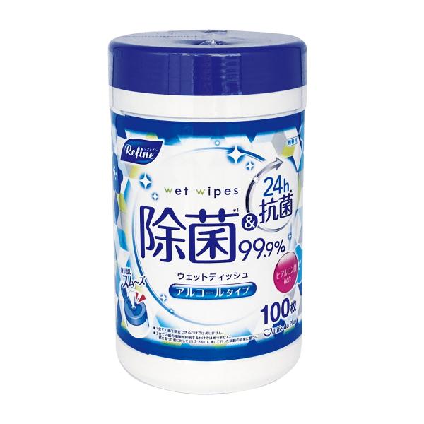 【送料無料】ライフ堂 リファイン アルコール除菌 ボトル 100枚入 ウェットティッシュ 1個