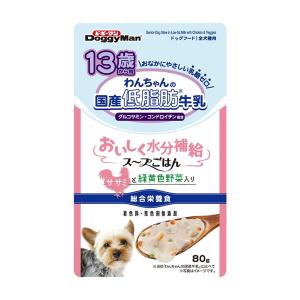 【送料無料】ドギーマン 13歳から用 わんちゃんの国産低脂肪牛乳 スープごはん ササミと緑黄色野菜入り 80g 1個｜atlife