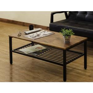 センターテーブル 木製天板 棚付き 幅90×奥行45cm スチールフレーム リビングテーブル ローテ...