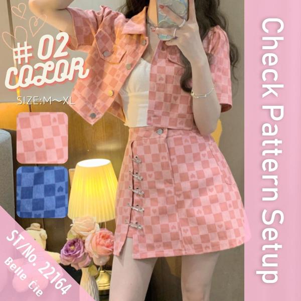 セットアップ スカート ジャケット 半袖 チェック ショート丈 夏 レディース クロップド 韓国ファ...