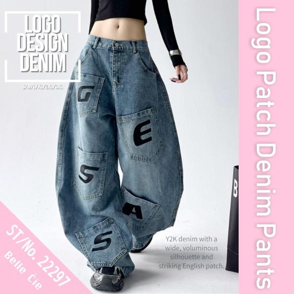 デニムパンツ ワイドパンツ 個性的 アルファベット 英字 ポケット レディース おしゃれ ユニーク ...