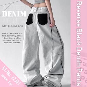 デニムワイドパンツ レディース 個性的 リバース 裏使い ブラックデニム ライニング ストリート ジーンズ ジーパン S-3XL 韓国ファッション Y2K