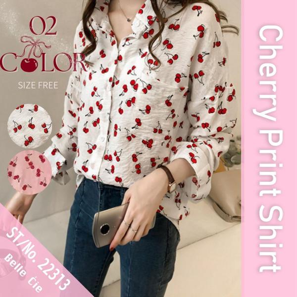 シャツ 長袖 ブラウス チェリー フルーツ 個性派 柄 総柄 柄物 レディース 韓国ファッション フ...