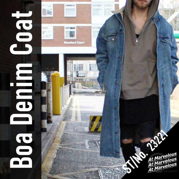 裏ボア デニムコート メンズ デニム ロングジャケット ロングコート アウター 裏フリース ボアフリ...