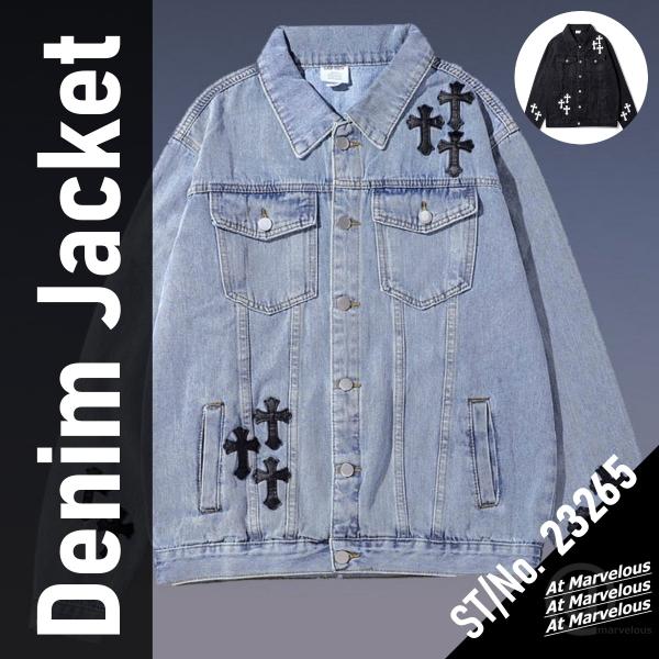 Gジャン メンズ ストリート クロスモチーフ デニムジャケット アウター 秋 冬 春 ブラック 黒 ...