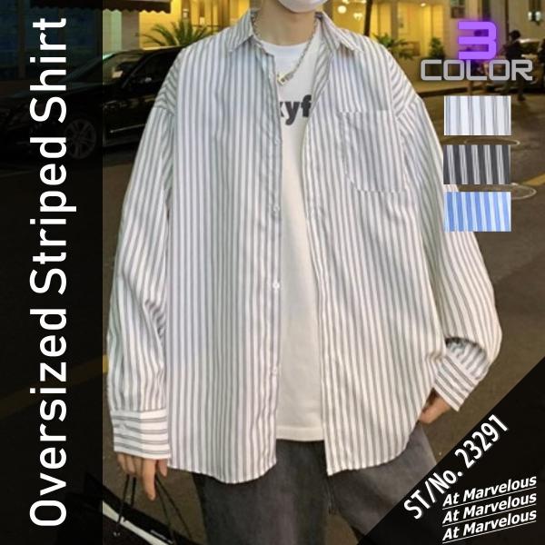 シャツ メンズ 長袖 オーバーサイズ ビッグシルエット ストライプ 柄 前開き 大きいサイズ 2XL...
