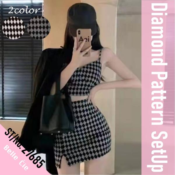 ダイヤ柄 ジャガード セットアップ レディース モノトーン キャミ スカート おしゃれ 韓国ファッシ...