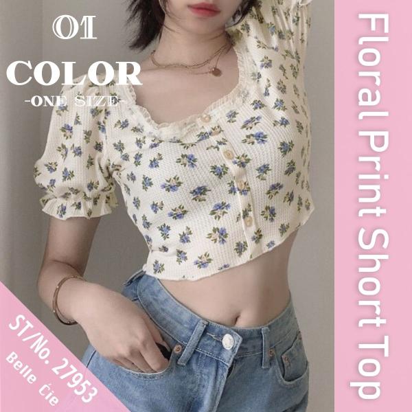 Tシャツ 半袖 ショート丈 短丈 花柄 小花 フリル ガーリー 夏 レディース 韓国ファッション ス...