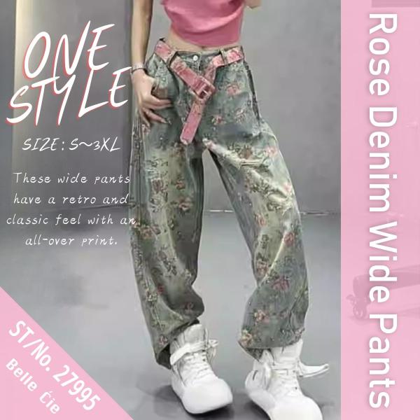 デニムパンツ ワイドパンツ ストレート バラ 花柄 総柄 レトロ レディース 韓国ファッション ユニ...