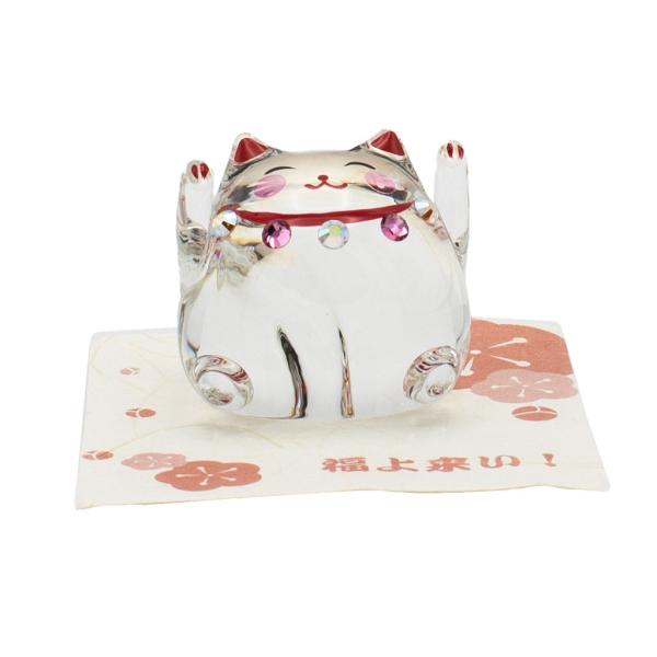 クリスタル福よ来い猫 招き猫  ガラス 和雑貨 縁起物 インテリア 癒しグッズ 置物 可愛い 動物 ...
