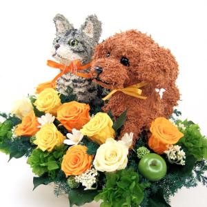 プリザーブドフラワーアレンジ 犬と猫 プードル...の詳細画像1