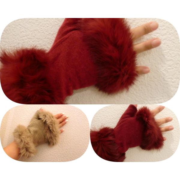 レディースファッション 手袋 天然ラビットファー付き 指なし（アンゴラ混手袋エンジ）（Modalモダ...