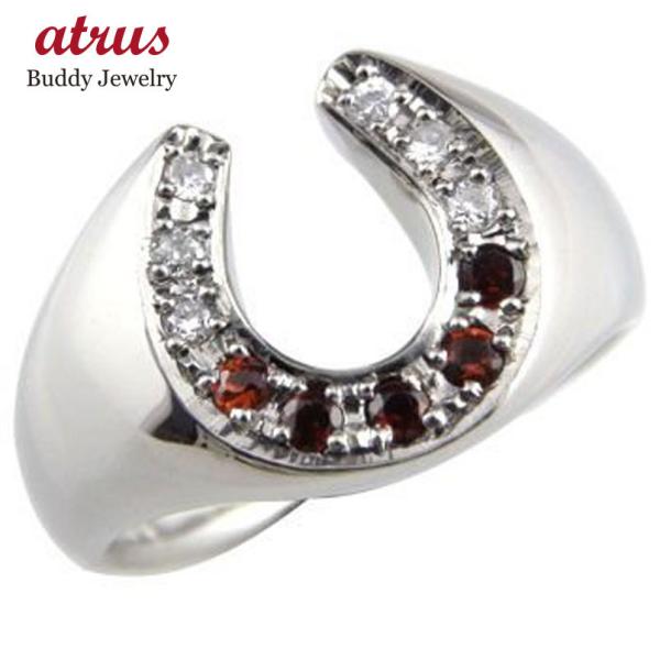 メンズリング 馬蹄リング ダイヤモンド ガーネット プラチナピンキーリング ホースシュー 指輪ダイヤ...