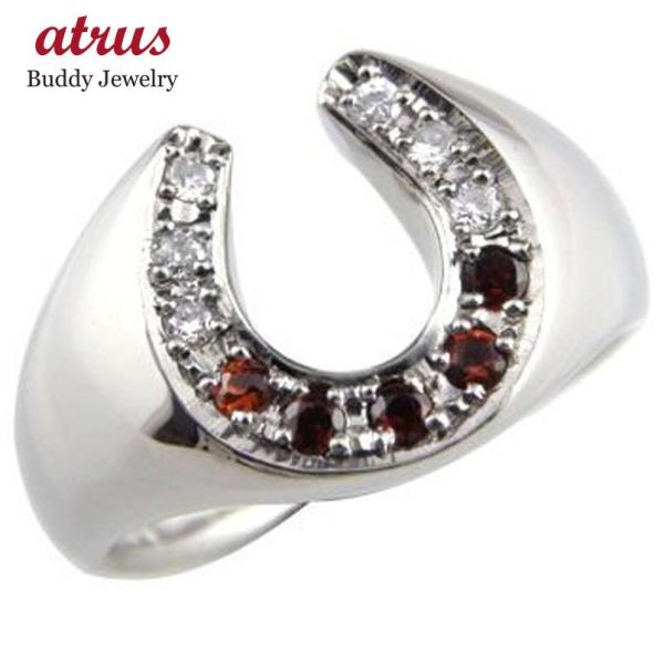 プラチナ メンズ リング 馬蹄リング ダイヤモンド ガーネット ピンキーリング ホースシュー 指輪 ...