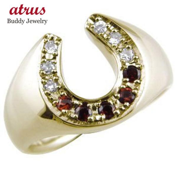メンズリング 人気 馬蹄リング ダイヤモンド ガーネット イエローゴールドk18 ホースシュー 指輪...